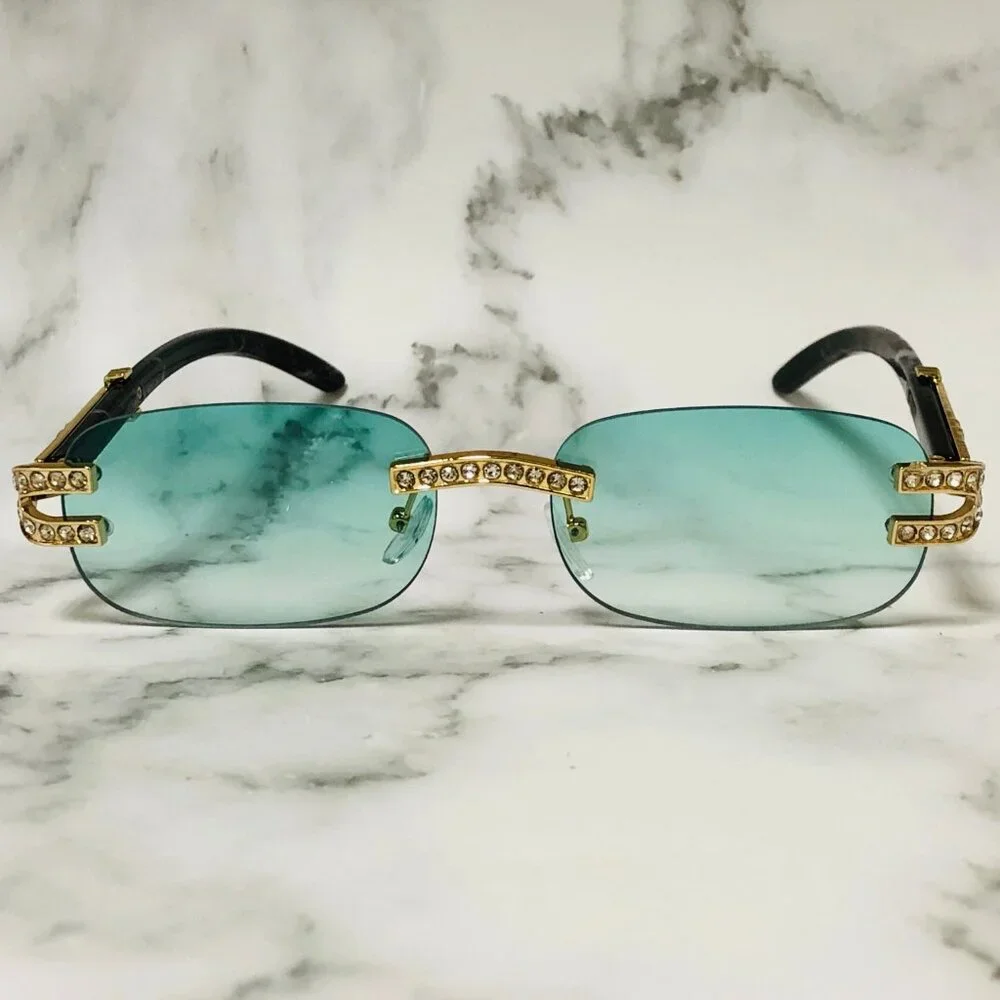 Men Women Sunglasses Square Green Lens Fashion Gold‎ Frame Rapper Icedout Lentes